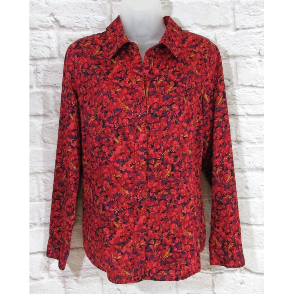 Coldwater Creek No Iron Red Floral 100% Cotton Button Down Shirt Womens M 10-12